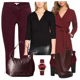 Outfit mit Schwarz/Grau/Dunkelgrau Lederjacke/Klassische Tunika/Schlupfbluse/Bluse Mit Knopf/Tuniken-Shirt/3/4 Bluse VERO MODA "Vero Moda"