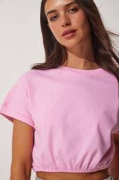 Happiness stanbul Women's Pink Elastic Waist Crop T-Shirt