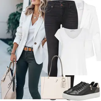Dlouhé Outfit s Bílá Elegantní Sako/Kožená Pánská Bund/Kožená bunda pro muže/Boyfriend Sako/Smokingové sako/Bavlněný Sako/Blejzrové Bund/Krátké Sako/Blůzové Sako/Neformální Sako/Teplákový blejzr Ichi "Jarní Outfit"