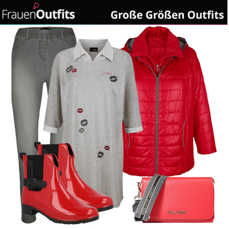 Outfit mit Rot GummiStiefel/Lederjacke Tom Tailor "Plus Size Mode"