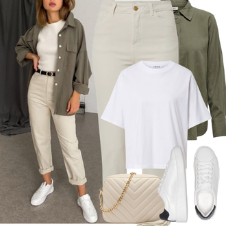 Chic Outfit sa Krem/Crna/Bijela Tanka Tenisica/Niska Tenisica/Kožna Tenisica/Tenisice s patentnim zatvaračem sa strane/Tenisica s platformom Only "Proljetni Outfit"Look: Boja, moderne, Chic, Sportski, Unisex