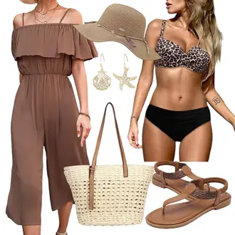 Outfit mit Beige/Schwarz/Braun Bustier Bikini/Cut Out Bikini/Bikini Mit Shorts/Bandeau-Bikinitop/Push-Up-Bikinitop/Bandeau Badeanzug/Push-up Tankini/Bandeau-Bikini Dokotoo "Strand Outfit"