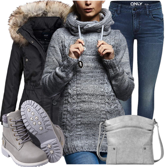 Outfit mit Schwarz/Dunkelblau Kurzmantel/Kapuzenmantel/Mantel mit Reißverschluss/Mantel mit Fellkragen/Wintermantel/Parka Only "Perfekt Für Den Winter"