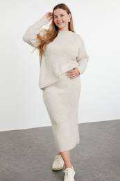 Curve Beige Crew Neck Ribbed Knitwear Sweater & Skirt Bottom-Top Set
