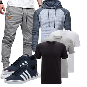 Outfit mit Grau/DunkelBlau/Blau KapuzenPullover/KapuzenPullover/Sport Sweatshirt/Ausgefallener Hoodie/Sport Hoodie/Strick Hoodie YuKaiChen "Freizeit Outfit"