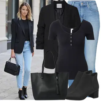 Jazz Outfit mit Schwarz Business-Schuh/Chelsea Boot/Flache Stiefelette/High Heels Stiefelette/Leder Stiefelette/Gefütterte Stiefelette/Spitzer Stiefel/Sommerstiefelette Tamaris "Praktischer Look"Look: Uni, Coole, Elegant, Jazz, Büro