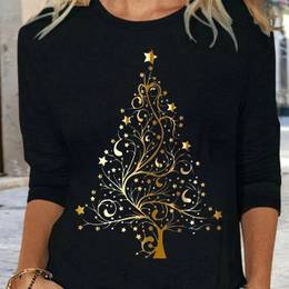 [1pc Women's Floral Tree Pattern T-shirt] Women's Casual Long Sleeve Crew Neck T-shirt, Polyester Knit Fabric, Regular Length, With Floral Tree