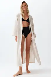 Striped Belted Maxi Woven Tie-Up Linen Blend 100% Cotton Kimono&Kaftan