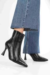 Women's Zian Black Crocodile Patterned Heeled Boots