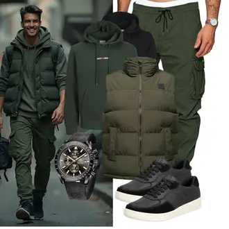 Cropped Outfit mit Dunkelgrün/Grün/Khaki Cargohose/Cargo-Jogginghose/Hemd Capri TARAINYA "Freizeit Outfit"