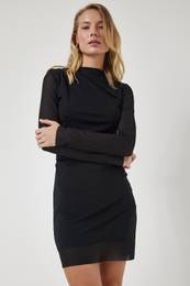 Happiness stanbul Women's Black Chiffon Sleeve Gathered Knitted Dress