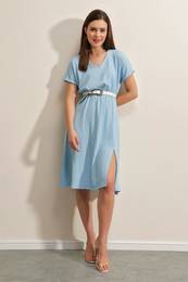 2378 V Neck Slit Knitted Dress - Blue