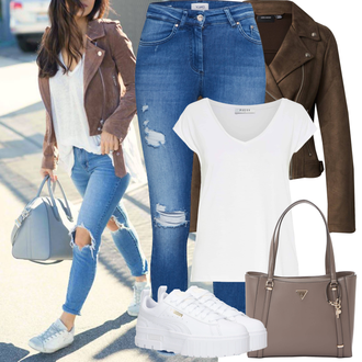 Jeans Outfits Skinny mit Blau Lederjacke/Ankle Boot/Jeans mit Schlitz/Jeans mit Loch/Push up Jeans/Leather jackets Only "Frühling outfit"
