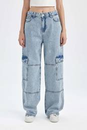 Straight Fit Cargo High Waist Long Jean Washed Trousers