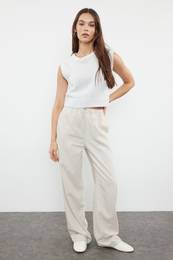 Stone Premium Waist Detailed Linen Blended High Waist Wide Leg Trousers