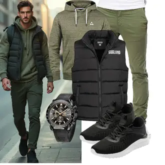 Stehkragen Outfit mit Schwarz/Grau/Dunkelgrau Isolationsweste/Kurze Weste/Steppweste/Daunenweste/Puffer Weste GOGLAND "Freizeit Outfit"