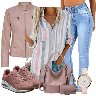 Outfit mit Rosa/Mischfarben/Braun/Blau Lederjacke/Kurzarmbluse/Druckbluse/Boho-Bluse/Gemusterte Bluse/Verspielte Bluse/Bluse Mit Knopf/Longbluse/Crash­bluse/Bluse Oberteil FIYOTE "Toller Look Für Den Frühling"