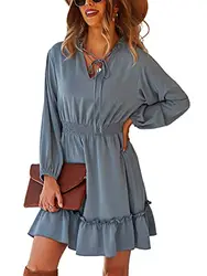 Awemeal Damen Elegant Rüschen Saum Kurz Kleider Tunikakleid Langarm V-Ausschnitt Mini Kleid Partykleid Freizeit Strandkleider Abendkleider Mode Sommerkleid Blusenkleider Cocktailkleid (M, Grau Blau)