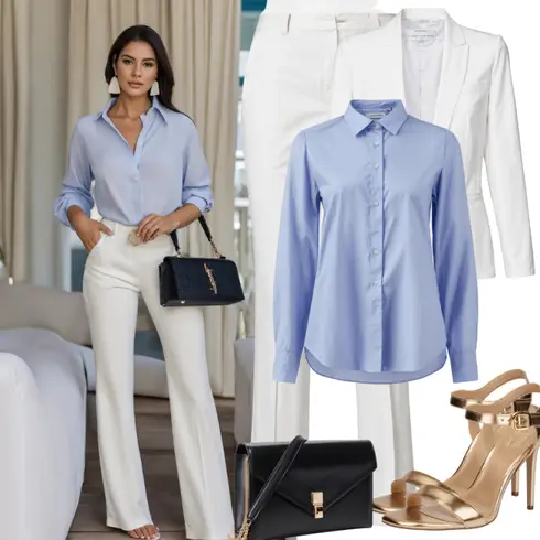Comment poter Blanc Veste à Glissière/Veste Blouse/Veste Courte/Veste Courte Vera Mont avec Blanc/Gris/Crème Pantalon Marlène/Pantalon à Plis Devant/Pantalon avec Fente/Pantalon de Costume/Pantalon Business about you x iconic by tatiana kucharova