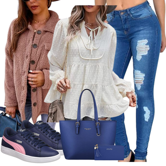 Outfit mit Braun/Lila Wollmantel/Kurzmantel/Bouclé Mantel/Wollfleece Mantel/Fleecemantel/Strickfleece Mantel/Teddy Mantel JIraewh "Stylisches Outfit Für Den Frühling"