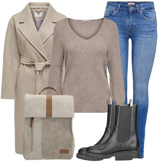 Met riem Outfit met bruin/beige/Khaki/grijs Kasjmier Mantel/Loden mantel/Wintermantel Wollen Winterjas/Wollen Fleece Mantel/Lange jas/Wollen Jas/Slip Jas JdY "Herfstse vrijetijdskleding"