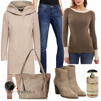 Trachten Outfit mit Beige/Braun/Khaki/Grau Kapuzenmantel/Kaschmir Mantel/Lodenmantel/Leichter Mantel/Wintermantel Wollmantel/Strickmantel/Wollfleece Mantel/Strickfleece Mantel Only "Only Mantel"Look: Overdressed, Smart Casual, Kuschel, Casual, Trachten, 60er, Edel, Uni, Mom, Old Money, Maritim, Moderne