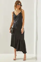 Women's Rope Strap Satin Jacquard Asymmetrical Hem Midi Dress