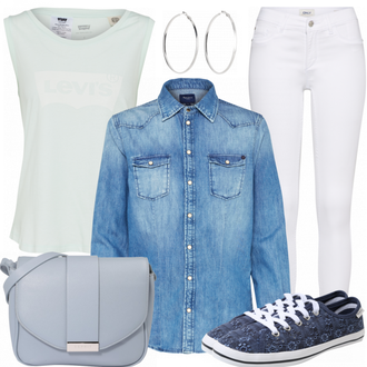 Outfit mit Weiß/Schwarz/Braun Bluse mit Lochstickerei/Bluse Oberteil/Kinderspielzeug/Schößchen­bluse/Verspielte Bluse/Volantbluse/Damen 7/8-Länge Jeans/Cropped Jeans/Schlaghose Jeans/Jeans-Culotte/Bundfaltenjeans/Formelles Hemd/Wide Leg Jean Only "HelleFarben"