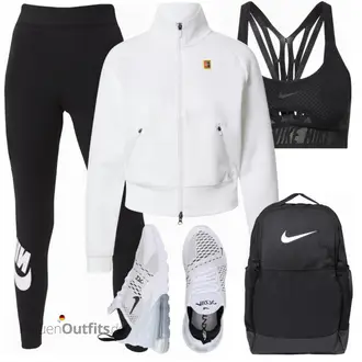Outfit mit Weiß/Creme Sportjacke/Jacke mit Seitlichem Reißverschluss/Laufjacke/Sommerjacke/Crop Jacke/Kurzjacke/Segeljacke/Strickfleecejacke Nike "Sport Outfit"