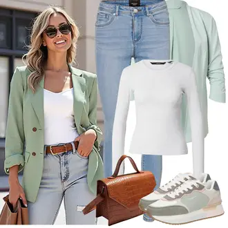 Schön Outfit mit Hellgrün/Hellblau/Grün/Türkis Bluse Große Größe/Tunika/Bluse mit Stehkragen/Lederjacke Vila "Frühling outfit"Look: Boyfriend, Rap, Uni, Edel, Coole, Mom, Schön, Büro, Old Money