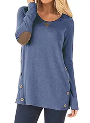 NICIAS Damen Seitliche Tasten Langarmshirt Pullover Lässige Rundhals Sweatshirt Ellenbogen Gepatcht Hemd Lose T Shirt Blusen Tunika Top(Blau, M)
