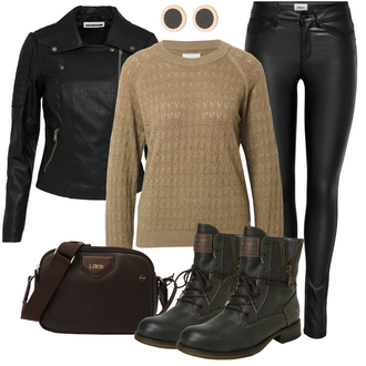 Outfit mit Schwarz/Dunkelgrün Mantel/Bikerjacke/KunstLederjacke/Lederjacke/Motorradjacke Noisy may "Freizeit Bekleidung"