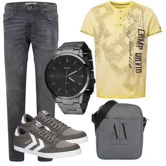 Leder Outfit mit Grau/Hellgrau/Dunkelgrün/Braun Sneaker Low/Schmaler Sneaker/Leder Sneaker/Vintage Sneaker Hummel "Alltagsoutfit"