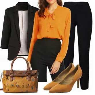 Outfit mit Braun/Grau Schultertasche Desigual "Beyove Damen Elegant Business Chiffonbluse"