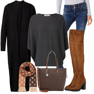 Outfit mit Schwarz/Grau/Dunkelgrau Strick Große/Klassische Tunika/Bluse Lederjacke/Oversize Bluse/Tuniken-Shirt/Shirt & Top Große Größe/Tunika/Pullover Mit Fledermausärmel/Kaschmir Pullover JdY "Perfekt für den Herbst"