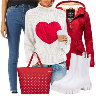 Biker Outfit mit Weiß/Creme Plateaustiefelette/Biker Boot/Lederjacke/Gummistiefelette/Plateau Stiefel/Chelsea Boot irisaa "Winter Outfit"