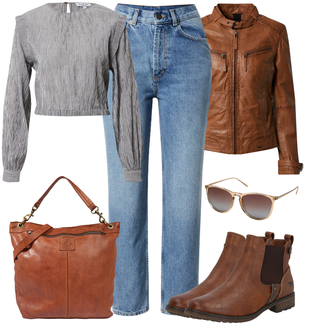Kurz Outfit mit Braun/Beige Chelsea Boot/Lederjacke/Flache Stiefelette/Reitstiefel Mustang "Freizeit Outfit"