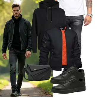 90er Outfit mit Schwarz/Blau/Dunkelblau Fliegerjacke/Bomberjacke KEFITEVD "Freizeit Outfit"Look: Outdoor, Rad, Stil, Indoor, Rap, Workwear, Hip Hop, 90er