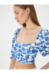 Crop Floral Blouse Square Neck Balloon Sleeves