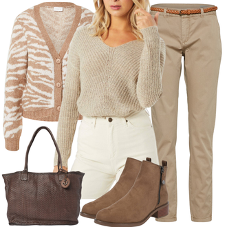 Krátká Outfit s Hnědá/Béžová/Růžová/Oranžová Kardigan Svetr boucle/Zimní svetr/Kardigán s výstřihem do V/Vlněný kardigán/Svetr s podšívkou/Krátký svetr/Vintage svetr/Kašmírový kardigán Vila "Zimní outfit pro volný čas"
