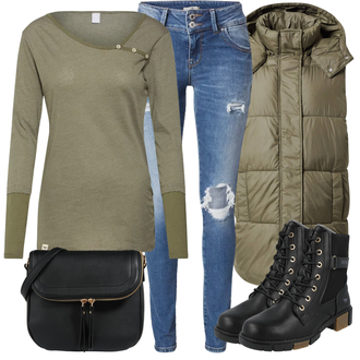 Plateau Mit Absatz Outfit mit Schwarz/Beige SchnürStiefelette/Biker Boot/SpringerStiefel/MotorradStiefel Mustang "Winterlicher Look"