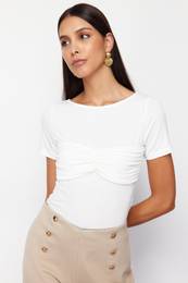 White Fitted/Body-Sitting String Detailed Flexible Knitted Blouse