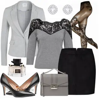 Outfit mit Grau/HellGrau Lederjacke/Baumwoll ­Blazer/Strick­blazer/Sweatblazer/Lederjacke VERO MODA "ONLY Strickpullover"