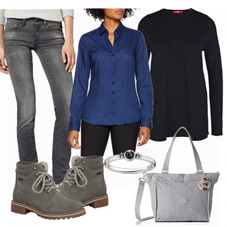 Outfit mit Dunkelblau Bluse Mit Ellen­bogen-patch/LangarmBluse/Bluse Mit Knopf/Bluse mit Stehkragen/Bügelfreie Bluse/Slim Fit Bluse/Business Bluse Seidensticker "Kipling"