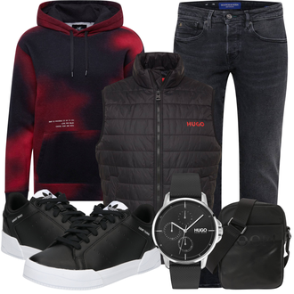 Outfit mit Schwarz Funktionsweste/Indoorweste/Daunenweste/Steppweste/Reitweste/Puffer Weste/Isolationsweste Hugo "Praktischer Look"