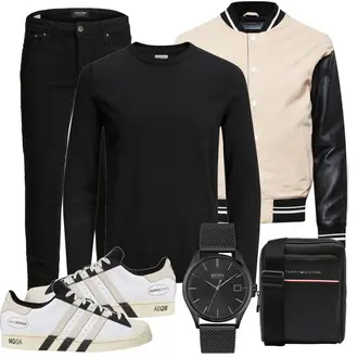 Outfit mit Rosa/Beige/Blau Lederjacke SELECTED HOMME "Alltags Outfit"