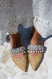 NANTAI SHOES Fomax Beige Straw Pearl Detail Women's Heeled Slippers