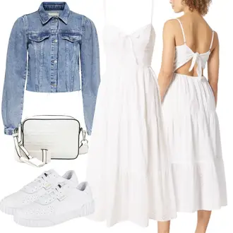 Elegant Outfit mit Weiß/Creme Musselin Kleid/Sommerkleid/Kleid Für Konfirmation/Standesamt Kleid Hollister "Perfekt für den Sommer"Look: Romantisch, Babydoll, Overdressed, Old Money, Elegant, Hippie, Boho, Festlich