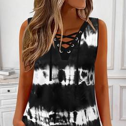 Tie Dye Lace Up Tank Top, Casual Sleeveless Tank Top For Summer, Women's Clothing