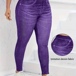 Women's Plus Size Purple Printed Y2k Fitness Leggings - High Stretch, Knit Fabric, , Fake Pockets, Wear, Casual Fitness Wear Print